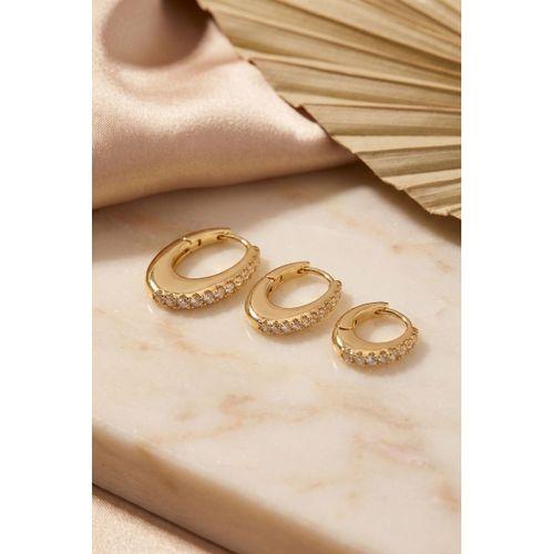 Gold Renk Oval Halka Model Zirkon Taşlı 3 lü Küpe Set