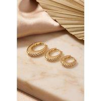 Gold Renk Oval Halka Model Zirkon Taşlı 3 lü Küpe Set