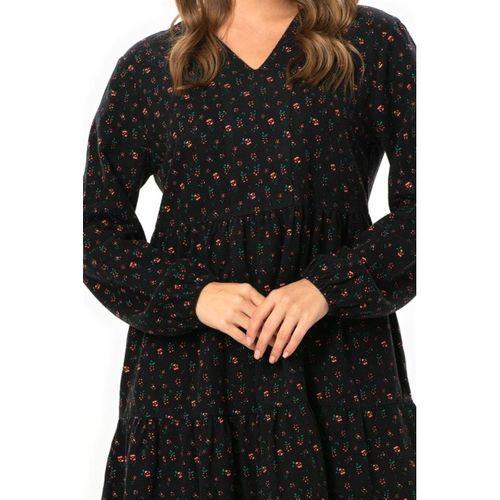 Uzun Kol Alara Çiçek Desenli V Yaka Pazen Kısa Kışlık Elbise Siyah Syh