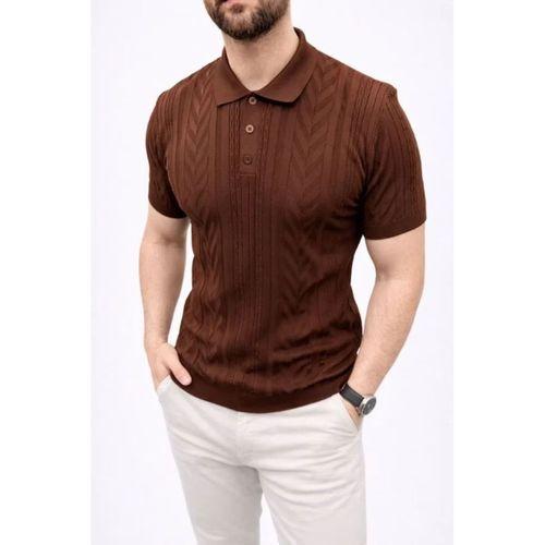 Erkek Yazlık Triko Tişört Kısa Kol Polo Yaka Düğmeli T-Shirt - Kahverengi