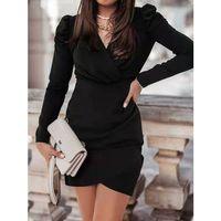 Kadın Uzun Kollu Kruvaze Yakalı önden çapraz Kesim Detaylı Mini Ithal Krep Elbise