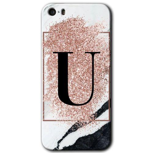 Potkal Hediye Fabrikası iPhone 5s HD Baskılı Kılıf + 9D Tam Ekran Koruyucu - Pembe Mermer Desenli U Harfi