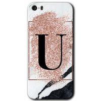 Potkal Hediye Fabrikası iPhone 5s HD Baskılı Kılıf + 9D Tam Ekran Koruyucu - Pembe Mermer Desenli U Harfi