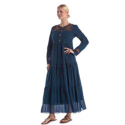 Uzun Kol Bisiklet Yaka Nakışlı Vual Petrol İlkbahar & Yazlık Elbise