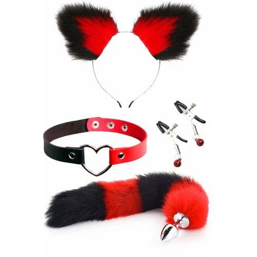 Choker Klips Tüylü Kulak Seti Kırmızı Siyah Kedi Kuyruklu Paslanmaz Çelik Anal Butt Plug