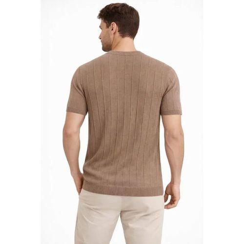 Erkek Yazlık Fitilli Triko Tişört Kısa Kol Bisiklet Yaka T-Shirt - Kahverengi