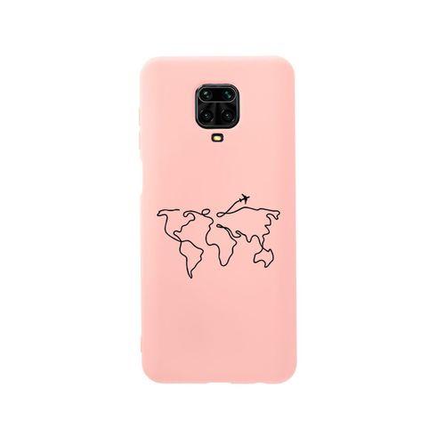 Xiaomi Redmi Note 9 Pro Dünya Harita Rota Desenli Premium Silikonlu Pembe Telefon Kılıfı