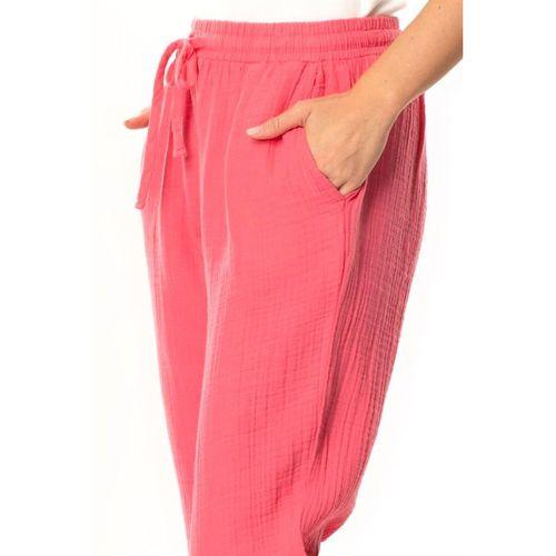 Müslin Beli Bağcıklı Çift Cepli Kadın Yazlık Pantolon Pembe Pmb