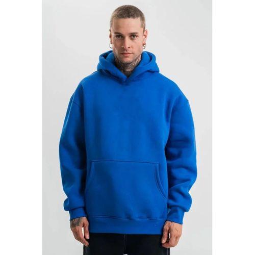 Erkek Saks Mavi Double Oversize 3 İplik Pamuklu Kapüşonlu Kanguru Cepli Sweatshirt Hoodie - Saks Mavi