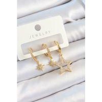 Pirinç Zirkon Taşlı Yıldız Model Gold Renk 3'lü Çift Kadın Küpe Set