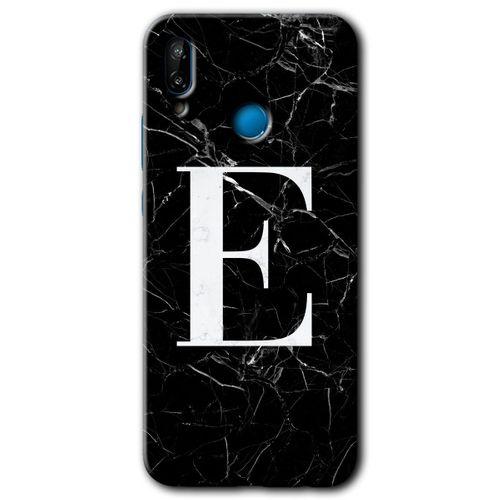 Huawei P20 Lite Kılıf HD Desen Baskılı Arka Kapak + Temperli Cam - Siyah Mermer Desenli E Harfi