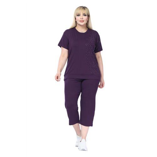 Melsay Butik Mor Kısa Kollu Yarım Taş Baskılı Viskon Kapri Takım