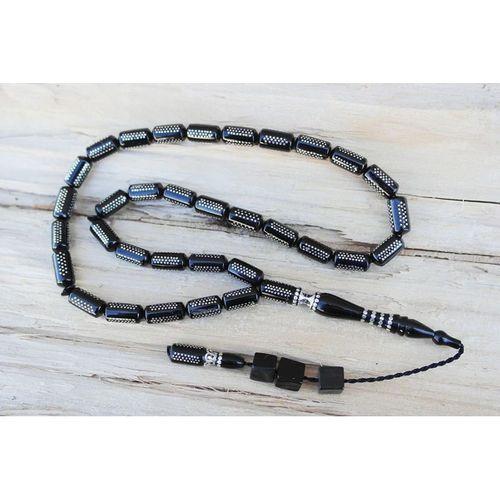 Oltu Taşı  Boru Kesim Kilim Desen İşlemeli Tespih