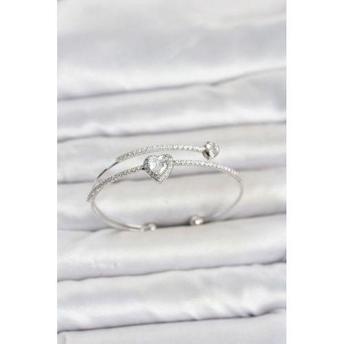 Pirinç Gümüş Renk Kalp Model Zirkon Taşlı Kadın Bileklik