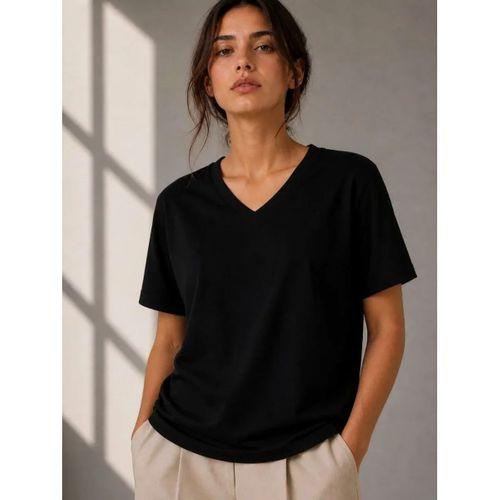 V Yaka Basic Tişört Kısa Kol Yazlık Regular Fit T-Shirt - Siyah