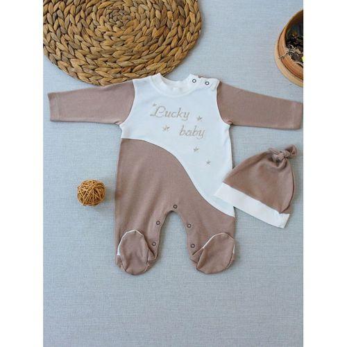 0-3 3-6 Ay Lucky Baby Nakışlı Es Çizgi Boy Şapkalı Erkek Bebek Tulumu Kahverengi