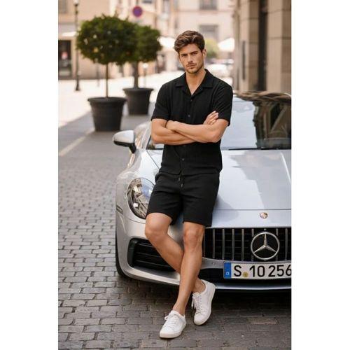 Erkek Waffle Kumaş Kısa Kollu Gömlek Şort Takım Regular Fit Yazlık İkili Set - Siyah