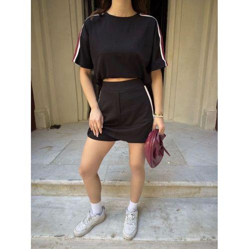 Osy Modal Yumuşak Dokulu Kumaş Parçalı Bisiklet Yaka T-shirt Mini Şortlu Etek İkili Takım - Siyah