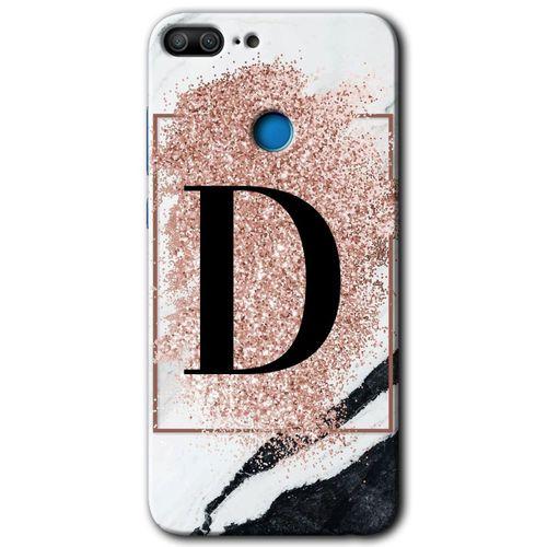 Honor 9 Lite Kılıf HD Desen Baskılı Arka Kapak - Pembe Mermer Desenli D Harfi + Kırılmaz Cam