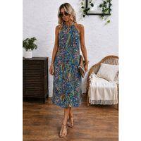 Kadın Omuzlardan Açık Yakada Halka Detaylı Leopar Desenli Midi Süprem Elbise