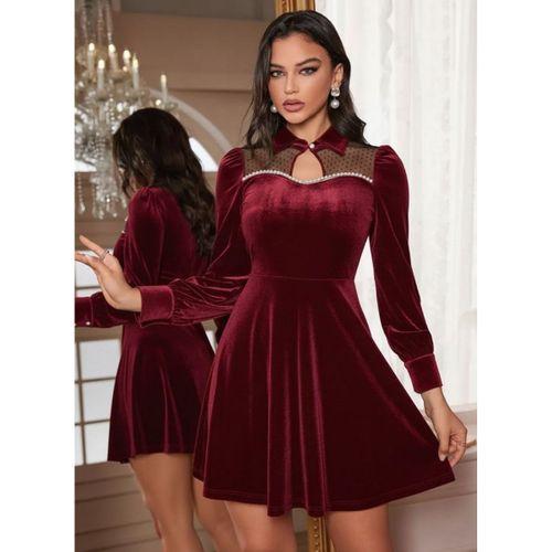 Kadın Uzun Kollu Yakalı Tül Detaylı Incili Mini Kadife Elbise