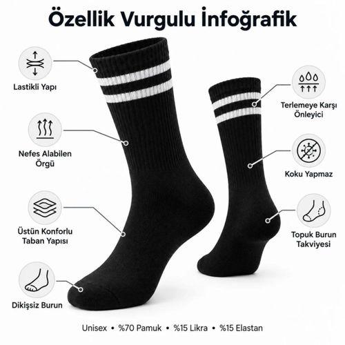 Siyah Çorap Beyaz Çizgili 3'lü Set Unisex Uzun Soket Günlük Spor Rahat Kolej Stil Çorap Seti