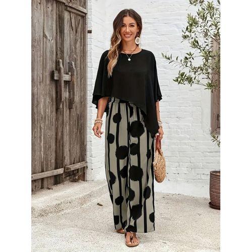 Kadın Truvakar Kol Bisiklet Yaka Asimetrik Dikişsiz Sandy Pelerin Bluz Ve Desenli Pantolon Ikili Takım