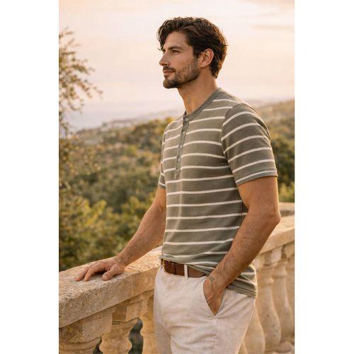 Kristof Pike Kumaş Regular Fit Düğmeli Yaka Kendinden Çizgili T-Shirt - Yeşil