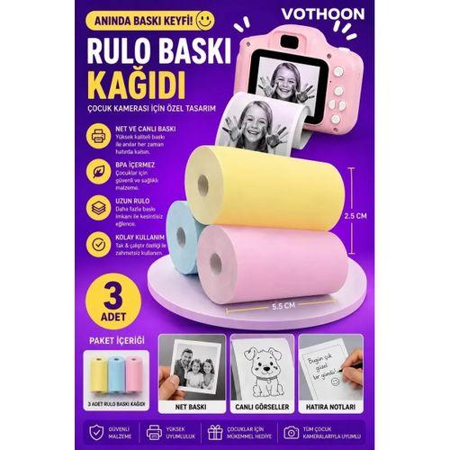 Çocuk Fotoğraf Makinesi Yedek Termal Baskı Kağıdı Renkli (3 Lü Rulo) – 57x25mm