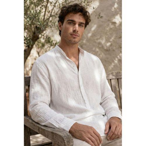 Hafif ve Nefes Alabilir Erkek Müslin Yarım Pat Hakim Yaka Oversize Gömlek - Beyaz