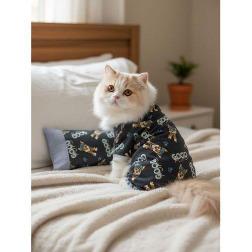 Mavi GoodPaws Uyku Takımı | Pamuklu Penye Kedi Tulumu ve Mini Yastık | Kediler İçin | Tüy Dökülmesini Azaltır