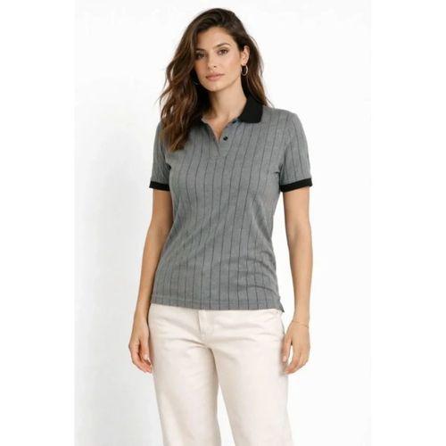 Polo Yaka Çizgili Tişört Kısa Kol Düğmeli Yazlık T-Shirt - Gri