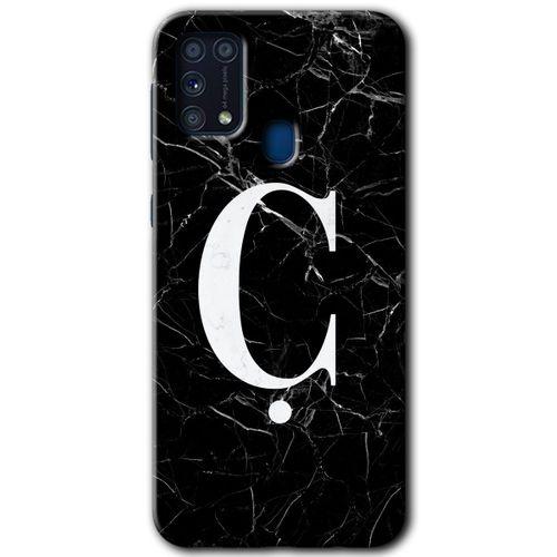 Samsung Galaxy M31 Kılıf Baskılı Kapak - Siyah Mermer Desenli Ç Harfi + 5D Tam Kaplayan Cam