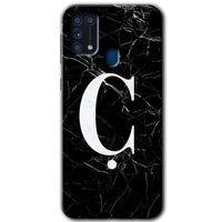 Samsung Galaxy M31 Kılıf Baskılı Kapak - Siyah Mermer Desenli Ç Harfi + 5D Tam Kaplayan Cam