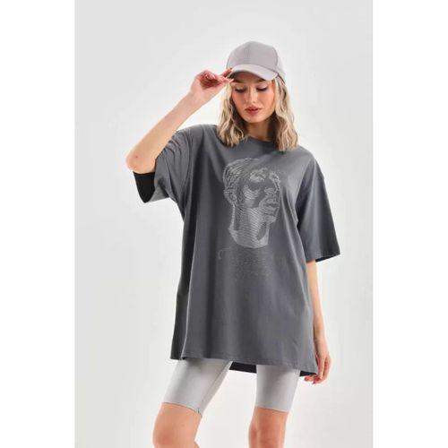 Pilelistore Unisex Taş Desenli Oversize T-Shirt - Füme