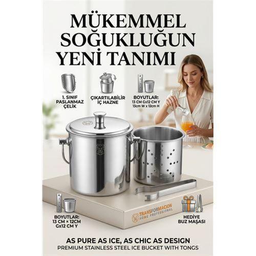 Paslanmaz Inox Parlak Çelik Buz Kovası Seti - Süzgeçli ve Buz Maşası Hediyeli 723145