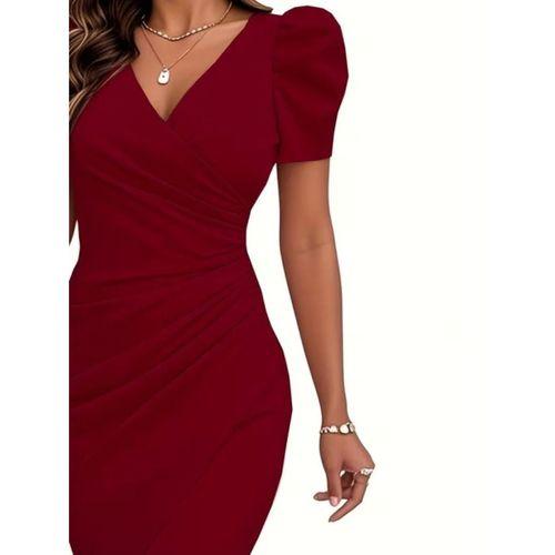 Kadın Kısa Kollu Kruvaze Yakalı Asımetrık Kesım Detaylı Kısa Ithal Krep Elbise