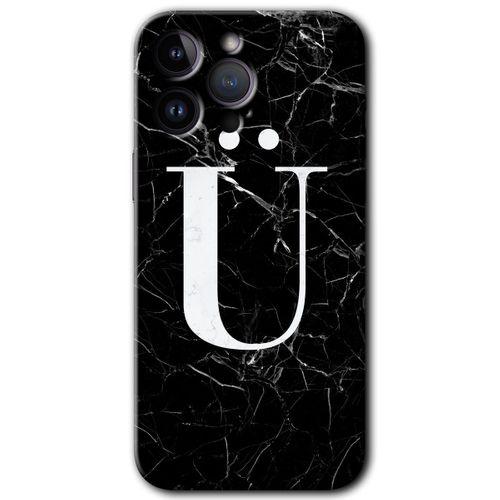 iPhone 14 Pro Max HD Baskılı Kılıf + 9D Tam Ekran Koruyucu - Siyah Mermer Desenli Ü Harfi