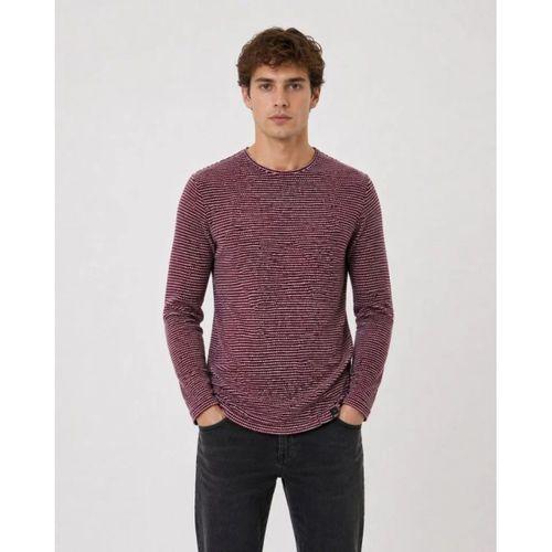 Erkek Dokulu Çizgili Uzun Kollu Tişört Oval Kesim - Bordo