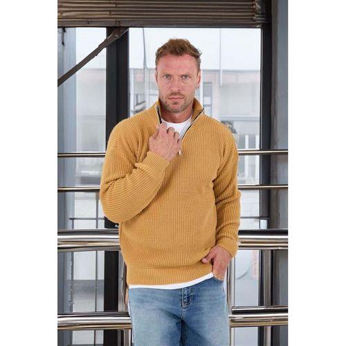 Oversize Selanik Örgü Yarım Fermuar Erkek Triko Kazak - Hardal