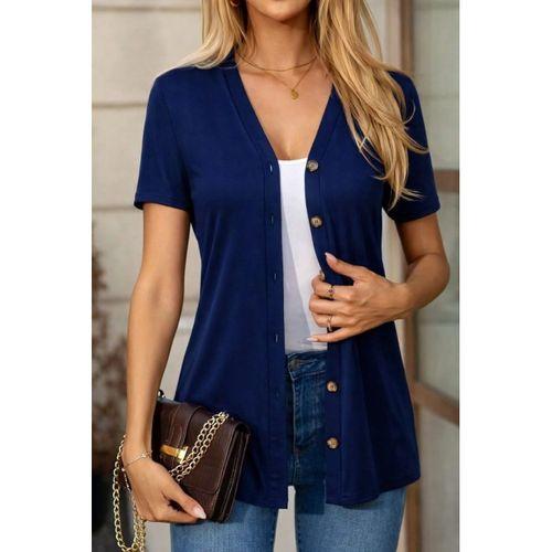 Kadın Kısa Kollu V Yakalı önü Düğmeli Viskon Bluz
