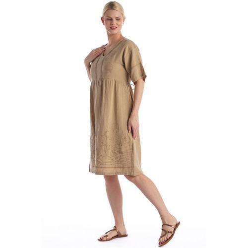 Kısa Kol Vizon V Yaka Nakışlı Midi Boy Müslin Yazlık Elbise