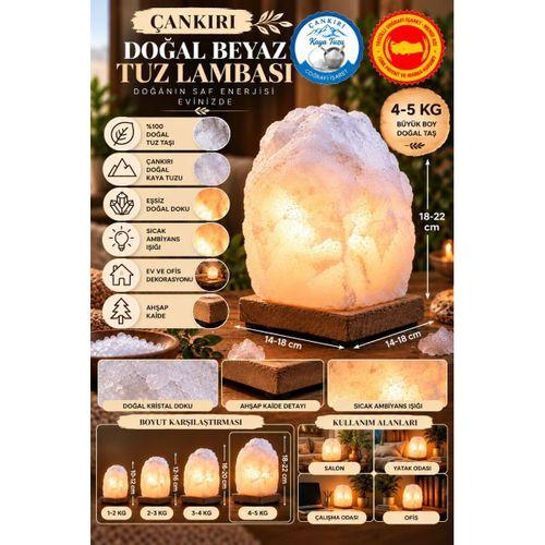 Çankırı 4-5 Kg Beyaz Doğal Kaya Tuzu Lambası Ahşap Kaideli Dekoratif Lamba