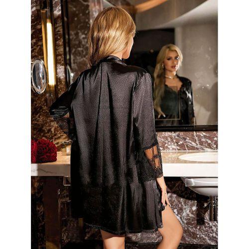 Özel Tasarım Dantel İşlemeli Şık Göğüs Dekolteli Sabahlıklı 2'li Siyah Saten Gecelik Takımı