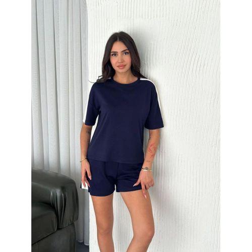 Osy Modal Yumuşak Dokulu Kumaş Parçalı Bisiklet Yaka T-shirt Kısa Şort İkili Takım - Mavi