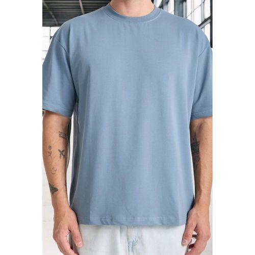 İki İplik Kumaş Pamuklu Bisiklet Yaka Basic Oversize Erkek T-Shirt - Soğuk Mavi