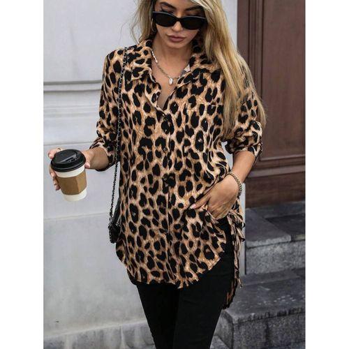 Kadın Uzun Kollu Yakalı önden Düğmeli Yandan Bağcıklı Leopar Desenli Modal Bluz