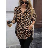 Kadın Uzun Kollu Yakalı önden Düğmeli Yandan Bağcıklı Leopar Desenli Modal Bluz
