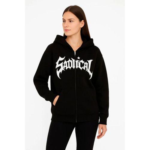 Oversize Kapüşonlu Sweatshirt  Hoodie 3 İplik Şardonlu Pamuklu Kumaş, Önü Baskılı, Fermuarlı Rahat Kalıp, Kışlık Ve Sokak Stili Sweat - Siyah