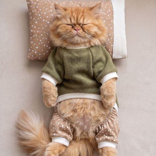 Latte & Matcha Kedi Rüyası | Pamuklu Kedi Tulumu, Polar Sweatshirt ve Mini Yastık | 3 Parça